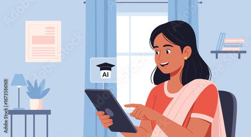 A vibrant young woman from India actively participates in online learning, using her tablet to delve into the fascinating world of artificial intelligence.
