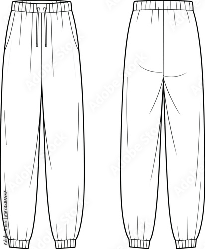 Sweatpants technical sketch, front and back view, fashion CAD drawing, elastic waistband, drawstring, side pockets, vector illustration, garment design