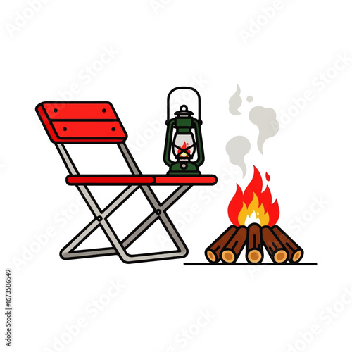 A red folding chair sits beside a campfire and a kerosene lamp, suggesting a relaxing outdoor camping scene