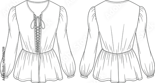 Women's blouse fashion sketch, puff sleeve top CAD drawing, lace-up peplum design, flat vector illustration, garment template, technical style
