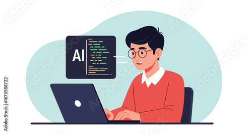 A focused young male programmer wearing glasses works diligently on his laptop, developing artificial intelligence solutions with code displayed on a screen above.