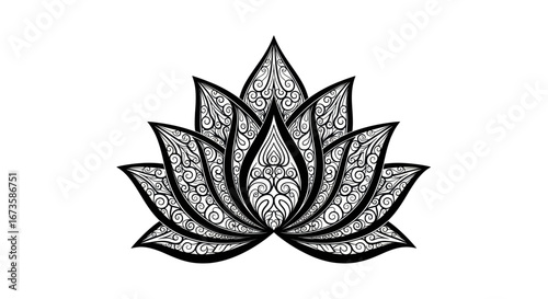 Intricate Black and White Ornamental Lotus Flower Illustration.