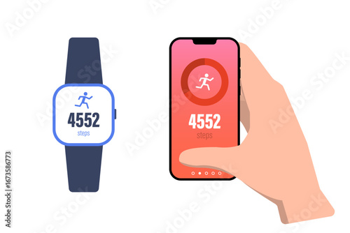 Person monitors step count on smartwatch and phone.