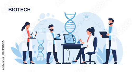 A diverse team of scientists collaborates in a modern biotechnology laboratory, conducting advanced research and development for medical and genetic breakthroughs.