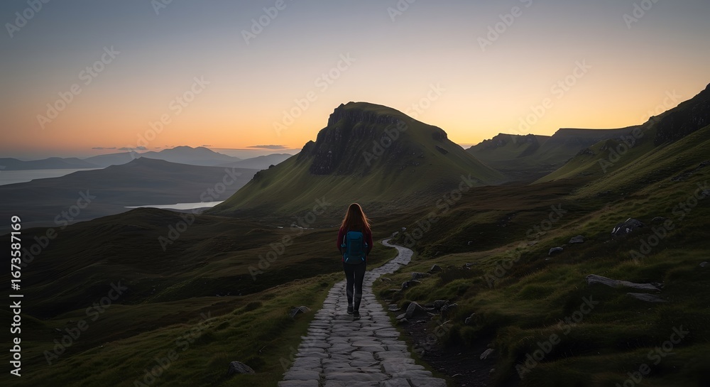 Obraz premium Lone Figure Ascending Highland Path Pre-Sunrise
