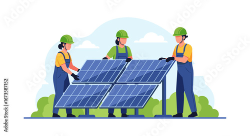A dedicated team of renewable energy technicians collaborates to expertly install modern solar panels, contributing to a sustainable and eco-friendly future.