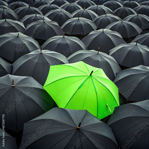 Vibrant green umbrella stands out amidst a sea of black umbrellas