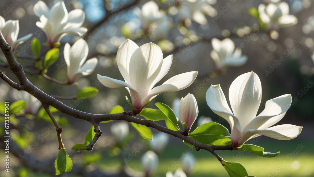 Obraz premium Blooming magnolia flowers on a branch in spring. Nature and floral scene. The beauty of blooming magnolia flowers in the garden. The scene of flowers on a sunny day.