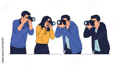 This modern illustration depicts a diverse group of male and female photographers intently focused on capturing important moments with their cameras, symbolizing media, events, and visual