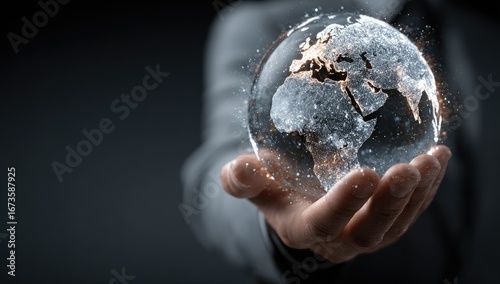 A hand holds a shimmering, digital globe