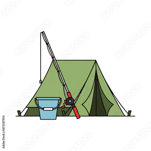 A simple illustration of a fishing tent with a fishing rod and bucket