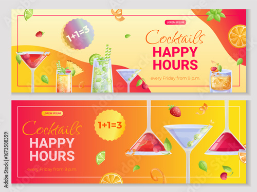 A set of promo banner templates for a cocktail bar. Happy Hour cocktails. The concept of a bar, restaurant, cafe. Vector illustration for posters, banners, flyers.
