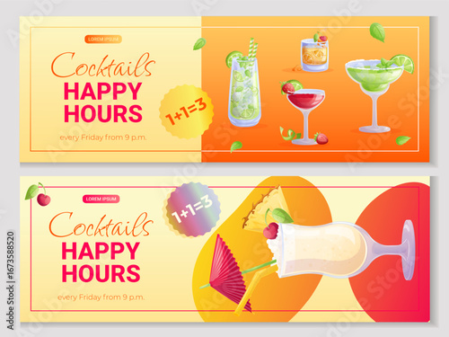 A set of promo banner templates for a cocktail bar. Happy Hour cocktails. The concept of a bar, restaurant, cafe. Vector illustration for posters, banners, flyers.