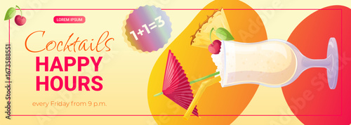 Promo banner template for a cocktail bar, pina colada in a glass. Happy Hour cocktails. The concept of a bar, restaurant, cafe. Vector illustration for posters, banners, flyers.