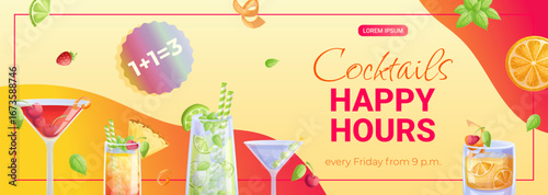 Promo banner template for cocktail bar, manhattan, mai tai, mojito, dry martini. Happy Hour cocktails. The concept of a bar, restaurant, cafe. Vector illustration for posters, banners, flyers.