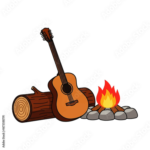 An acoustic guitar rests on a log next to a campfire with rocks around it
