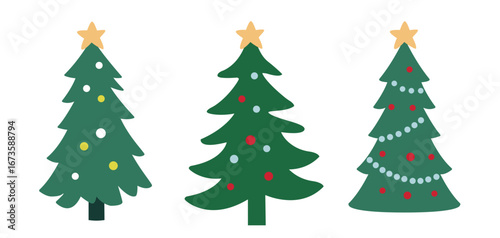 Christmas Tree Flat Stock Vector Illustration Design.
Simple shape Christmas tree Clipart Set.  
White background.