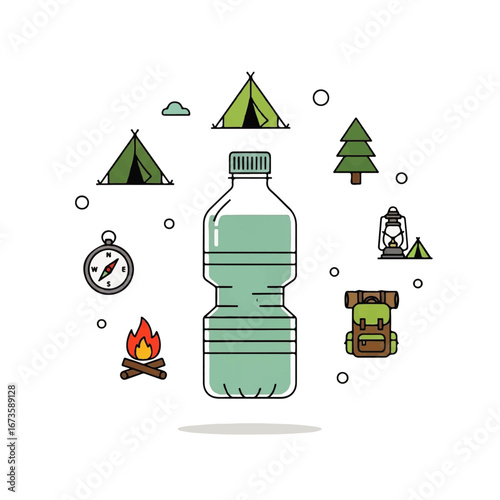 Essential hydration for a camping adventure, surrounded by nature's elements