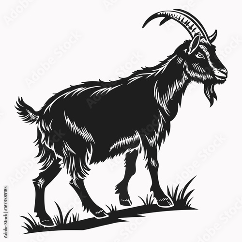 Full body illustration of a black goat with long horns standing on grass in monochrome style art created with generated ai