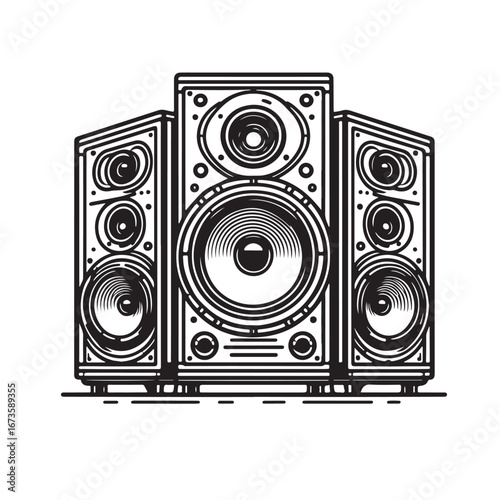 Vector illustration of a sound system setup, including speakers, subwoofers, and audio equipment.