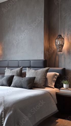 eclectic loft bedroom full view, graphite leather headboard, rough wall texture, sculptural lamp, deep shadows