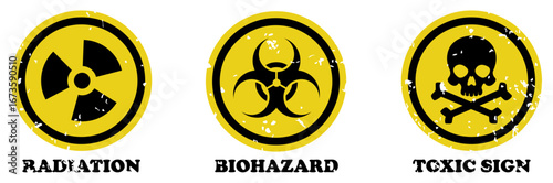 Radiation, biohazard and toxic sign with grunge texture isolated on white background. Warning vector signs. Radiation, toxic sign, biohazard, caution, hazard, warning, radioactive, crossbones