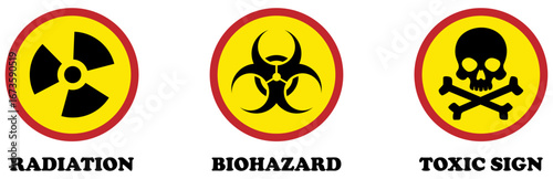 Radiation hazard, biohazard, warning and toxic sign collection on white background. Industrial hazard signage collection. radiation, toxic sign, biohazard, radioactive, caution, crossbones