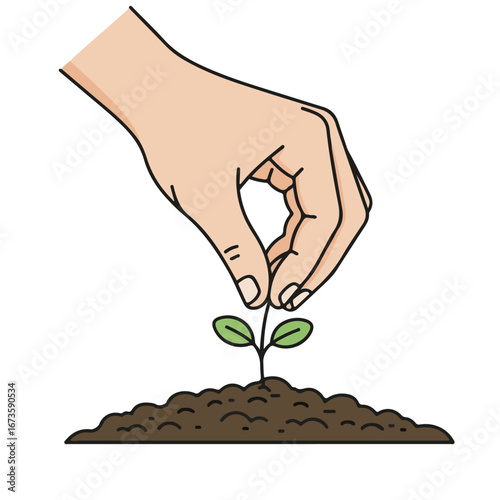 Hand planting a small seedling in fertile soil, symbolizing growth and new beginnings in gardening and agriculture