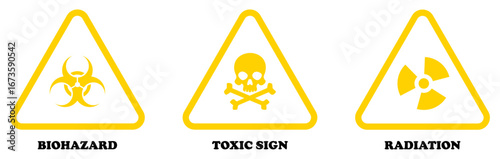Biohazard, radiation, toxic sign or danger sign isolated on white background. Danger vector sign set. nuclear waste, radioactivity, skull and bones, workplace, biological contamination