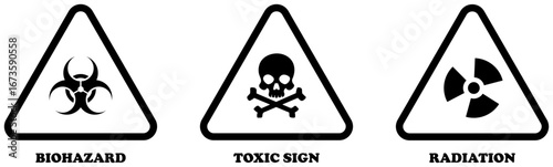 Biohazard, radiation and toxic sign in triangle isolated on white background. Hazard warning triangle icons with biohazard skull crossbones. radiation, biohazard, radioactive, dangerous, radioactivity