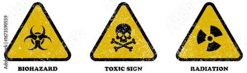Biohazard, radiation, toxic sign or danger sign in grunge style in yellow color isolated on white background. Set of danger, warning sign symbol. radiation, biohazard, caution, crossbones, warning