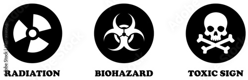 Radiation, biohazard, toxic sign, danger icons in black and white color isolated on white background. Warning vector signs. radioactive, nuclear waste, contamination, chemical, toxic