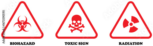 Biohazard, radiation, toxic sign or danger sign in red color on white background. Nuclear Radiation chemical biological icon set. radiation, biohazard, dangerous, toxic waste, biological contamination