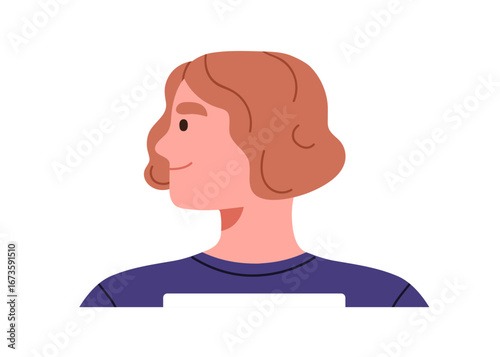Person profile, side view. Young friendly character with happy smiling face expression, neutral emotion, head turned, looking aside, sideways. Flat vector illustration isolated on white background