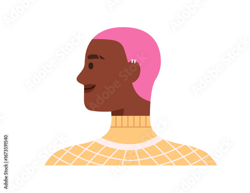 Young modern person profile, side view. Happy smiling black man with colored dyed hair, stylish fashion clothing, earrings, looking aside. Flat vector illustration isolated on white background
