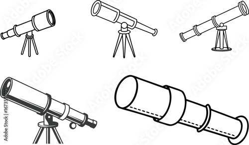Various Telescope Designs in Black and White Illustration for Astronomical Purposes.