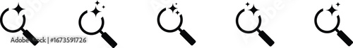 Set of AI magnifying glass sparkle icons, flat vector search and discovery symbols with lens and twinkle effects, generative AI technology graphics for apps, web UI, branding, stickers.