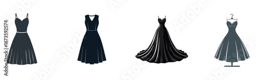 Set of elegant black evening gowns in various styles.
