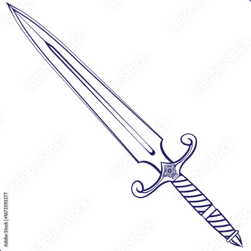 Decorative Medieval Sword Vector Design – Elegant Fantasy Blade, Black and White Line Drawing, Knight and Warrior Weapon, Historical Armory Illustration, RPG Game Asset for Adventure, Heroic Combat 