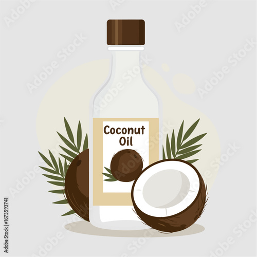 Illustration of a bottle of coconut oil with coconuts and palm leaves against a light background.