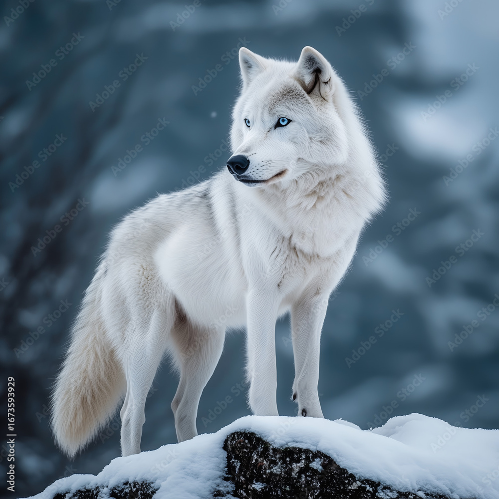 Obraz premium arctic wolf in snow, Grey Wolf Howling at the Moon in a Misty Mountain Landscape. Detailed portrait of a German Shepherd in profile view