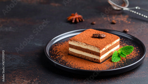 Tiramisu dessert served on plate dusted with cocoa powder and mint garnish