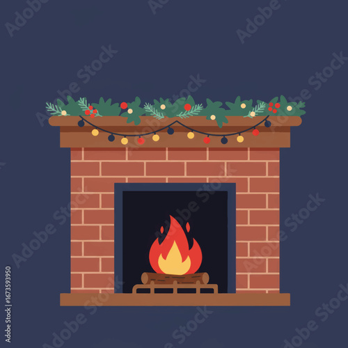 Festive brick fireplace illustration with a burning fire green garland and colorful holiday lights.