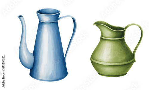 Vintage kitchenware with blue kettle and green pitcher painted in watercolor style, isolated background.