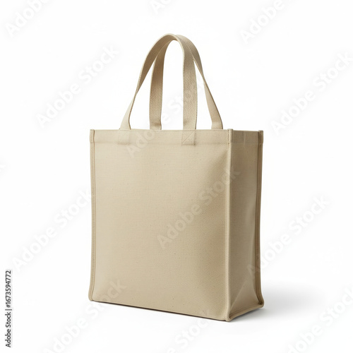 Natural canvas tote bag on white seamless backdrop, sharp seam and gusset detail