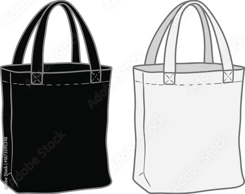Eco friendly tote bag vector illustration with black and white fabric shopping bag, reusable cloth design, isolated simple mockup for branding presentation