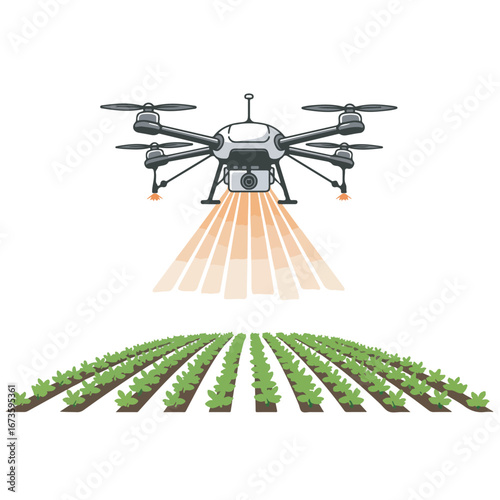 Illustration of a quadcopter drone flying over a green field, applying smart technology for precision agriculture and crop management