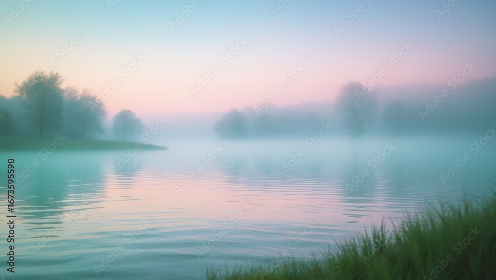 Fototapeta premium Misty river scene at dawn with trees and calm water, peaceful landscape, tranquil nature scenery.