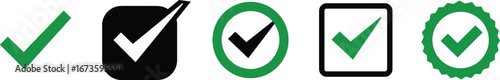 Green check mark icons collection, approval tick symbol set in circle, square, and badge design, vector illustration for success, validation, confirmation, completion