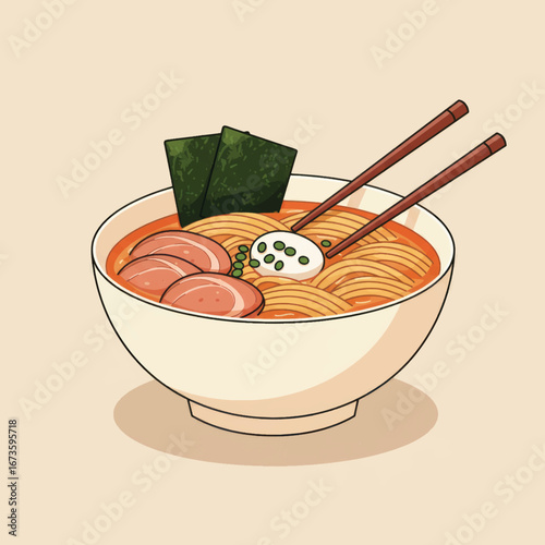 Stylized illustration of a Japanese ramen bowl with pork nori egg and chopsticks.